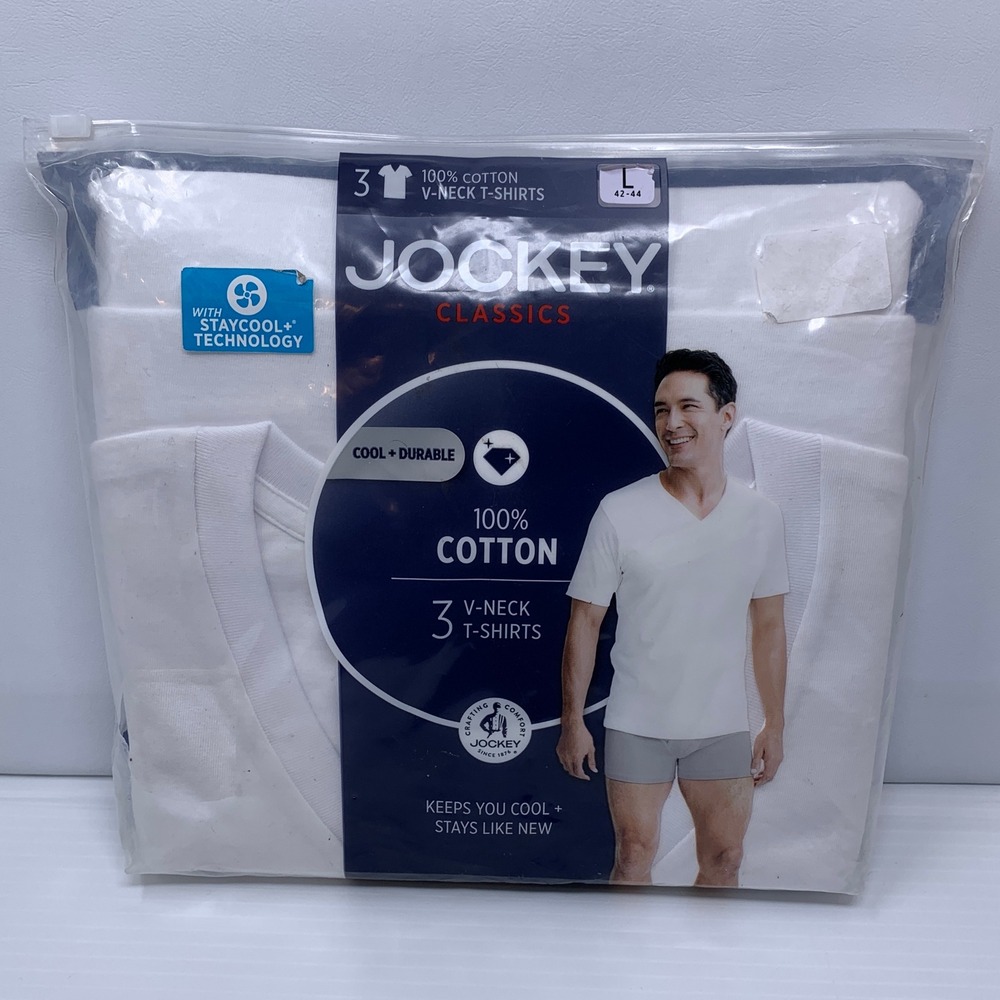 Jockey Mens Large White 3-Pack Classics 100% Cotton V-Neck T-Shirts NWT